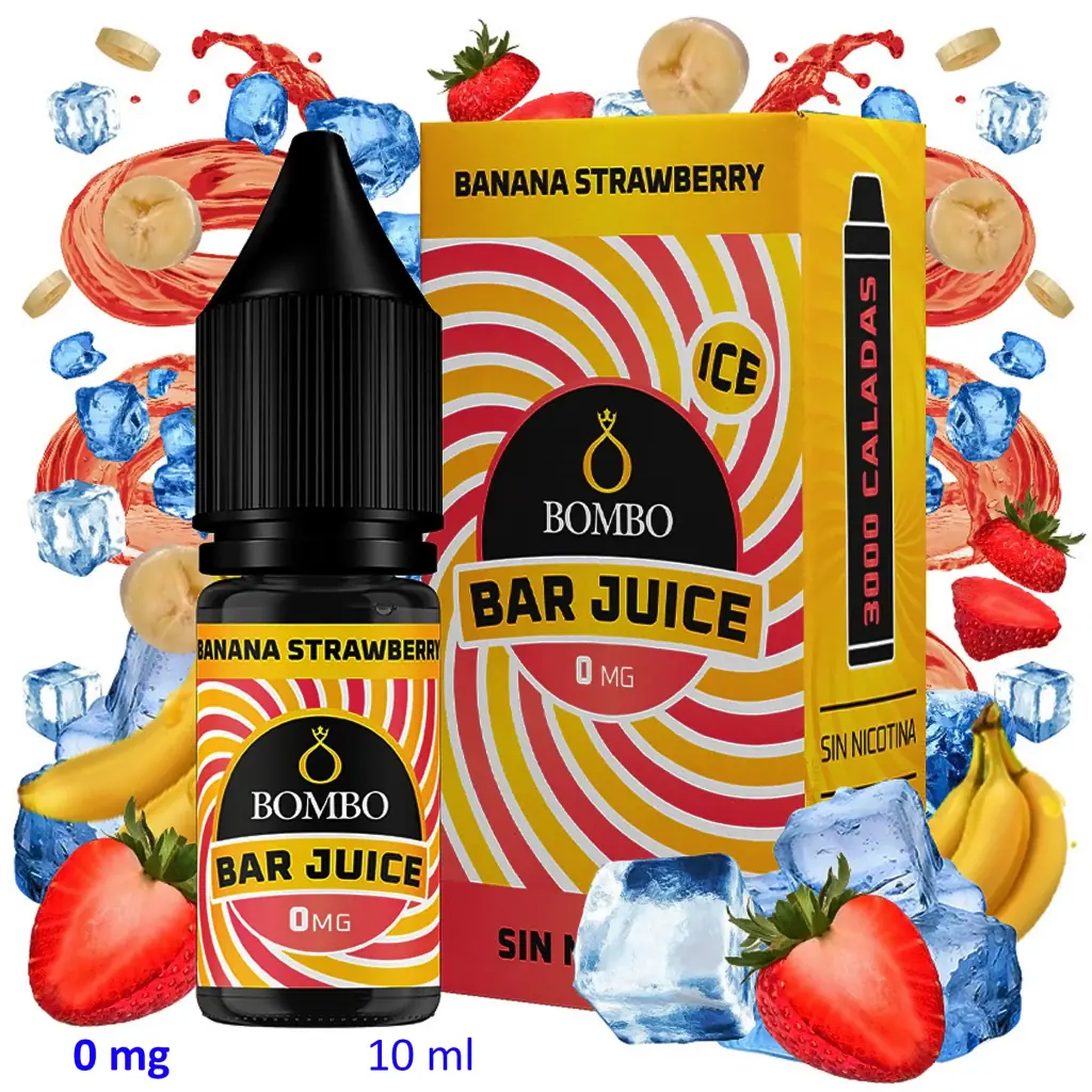 Frasco y caja Bombo Bar Juice Banana Strawberry Ice de 10 ml, rotulados 0 mg, rodeados de fresas, plátanos y cubitos de hielo.