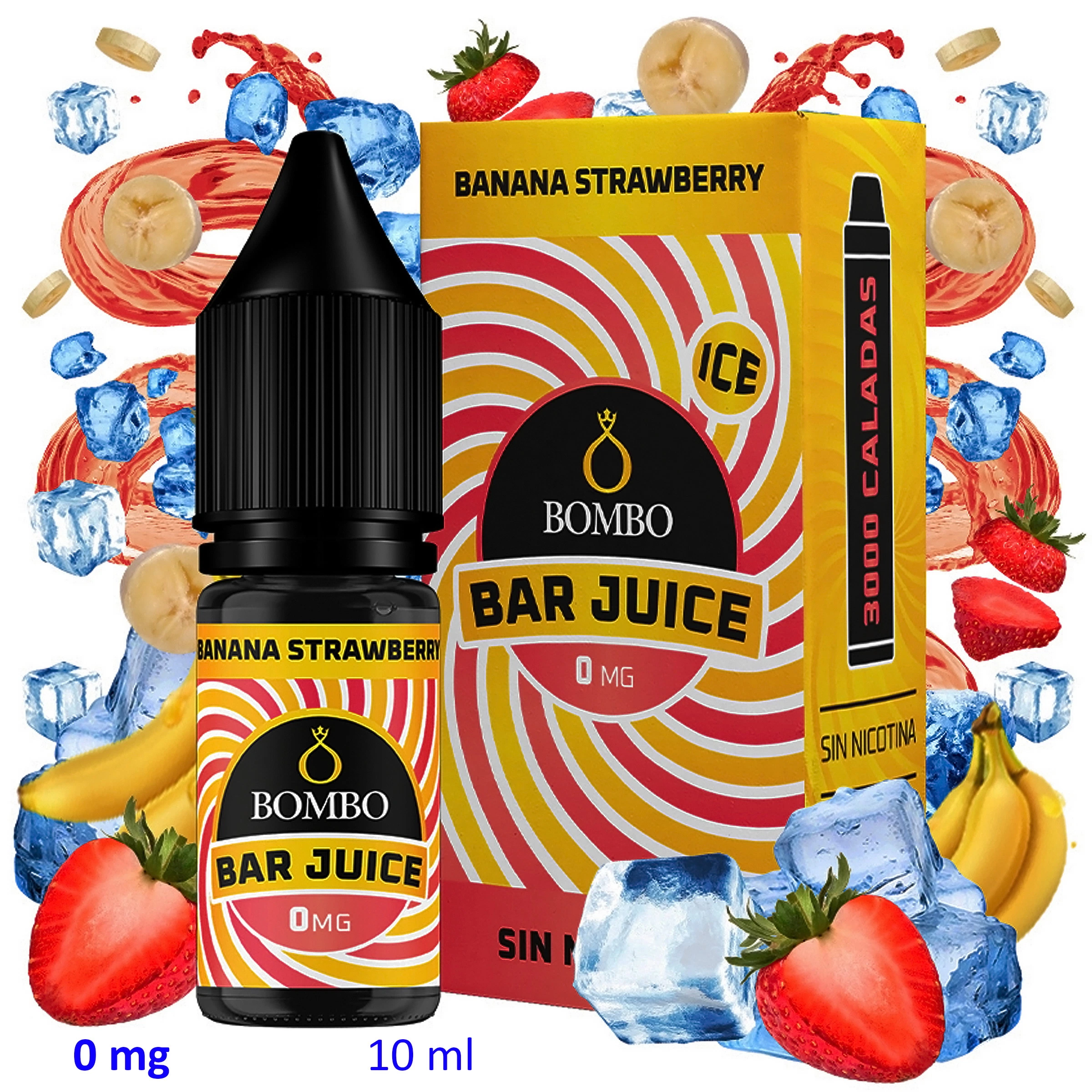 Frasco y caja Bombo Bar Juice Banana Strawberry Ice de 10 ml, rotulados 0 mg, rodeados de fresas, plátanos y cubitos de hielo.