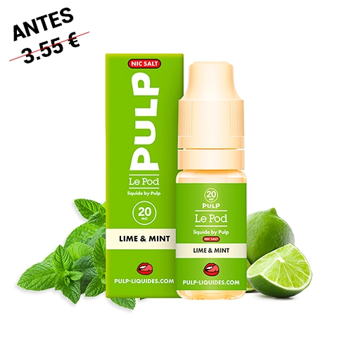Frasco y caja verdes Pulp Le Pod Lime & Mint, con indicación de 20 mg, acompañados de hojas de menta y limas sobre fondo blanco.