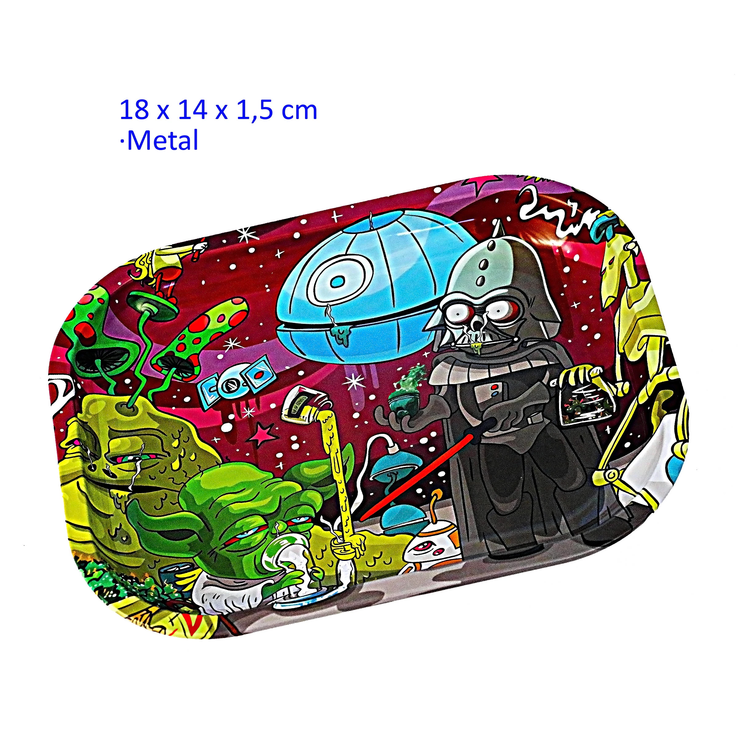 Bandeja para liar de 18 × 14 cm, con esquinas redondeadas y dibujo espacial multicolor con un personaje de casco negro y espada roja.