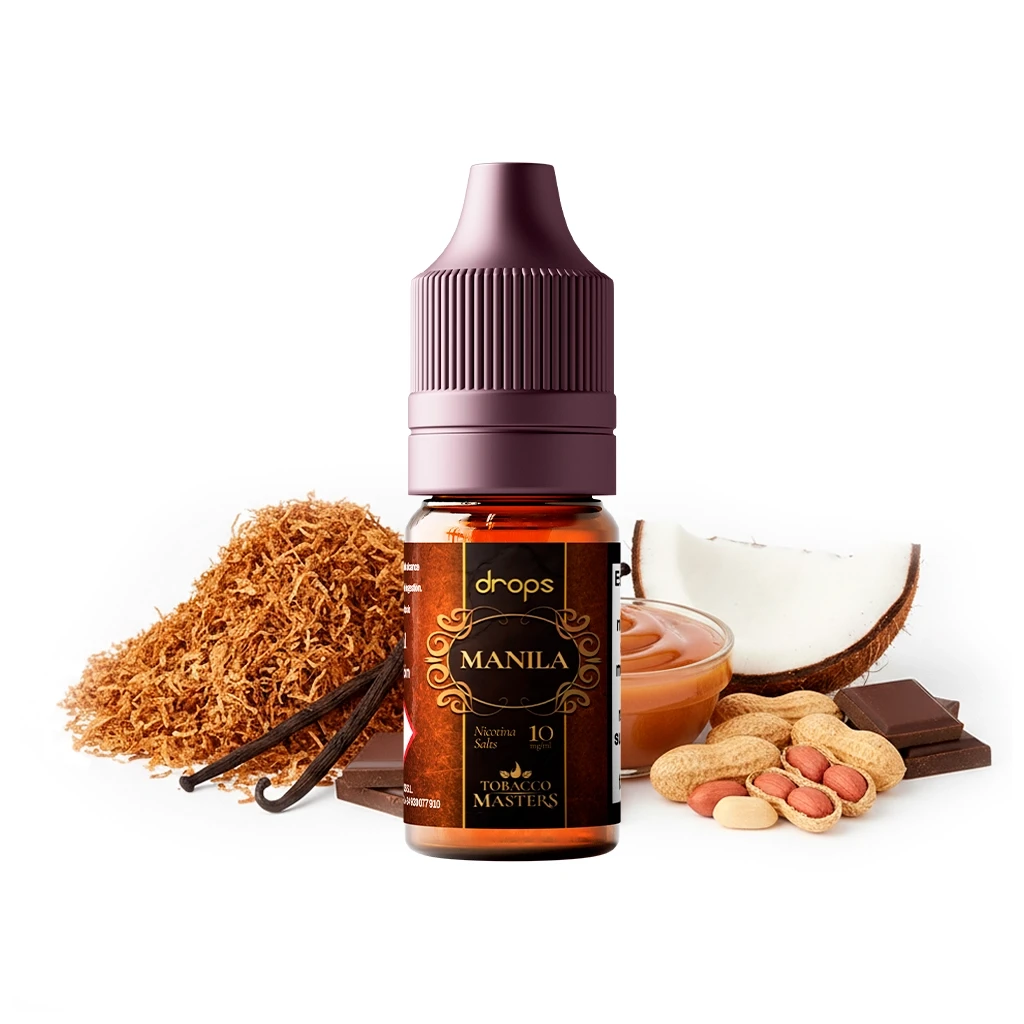 Frasco de Drops Tobacco Masters Salts Manila con tapón granate, rodeado de tabaco, vainilla, coco, cacahuetes y chocolate sobre fondo blanco.