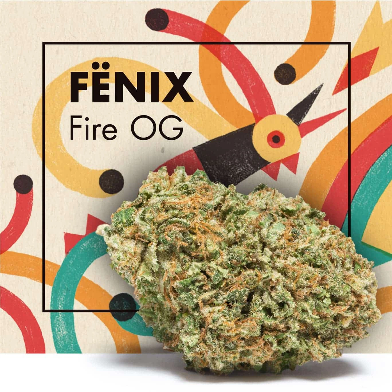 Cogollo FËNIX Fire OG en primer plano, con tonos verdes y pelos anaranjados, ante un fondo ilustrado con su nombre.