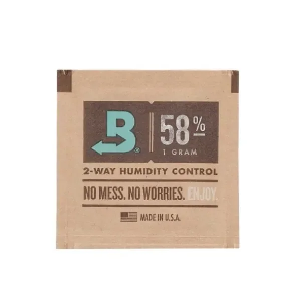 Sobre cuadrado Boveda de tono marrón, con el logotipo turquesa y las indicaciones 58 %, 1 gram y control bidireccional de humedad.