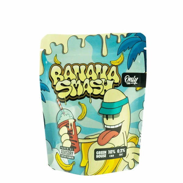Bolsa Only CBD Banana Smash con ilustración de un plátano con gorra y bebida, y etiqueta que indica 10 % CBD y 0,2 % THC.