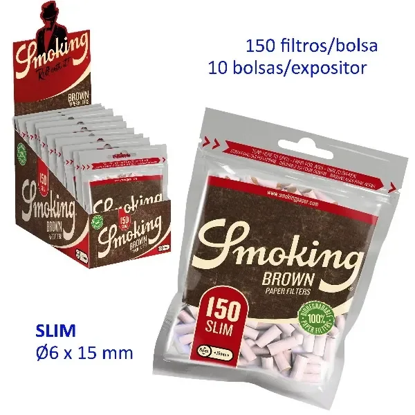 Bolsa de filtros Brown Slim Bio Smoking junto a un expositor con varias bolsas; el texto indica 150 filtros por bolsa y 10 bolsas por expositor. Bolsa de filtros Brown Slim Bio Smoking junto a un expositor con varias bolsas; el texto indica 150 filtros por bolsa y 10 bolsas por expositor.