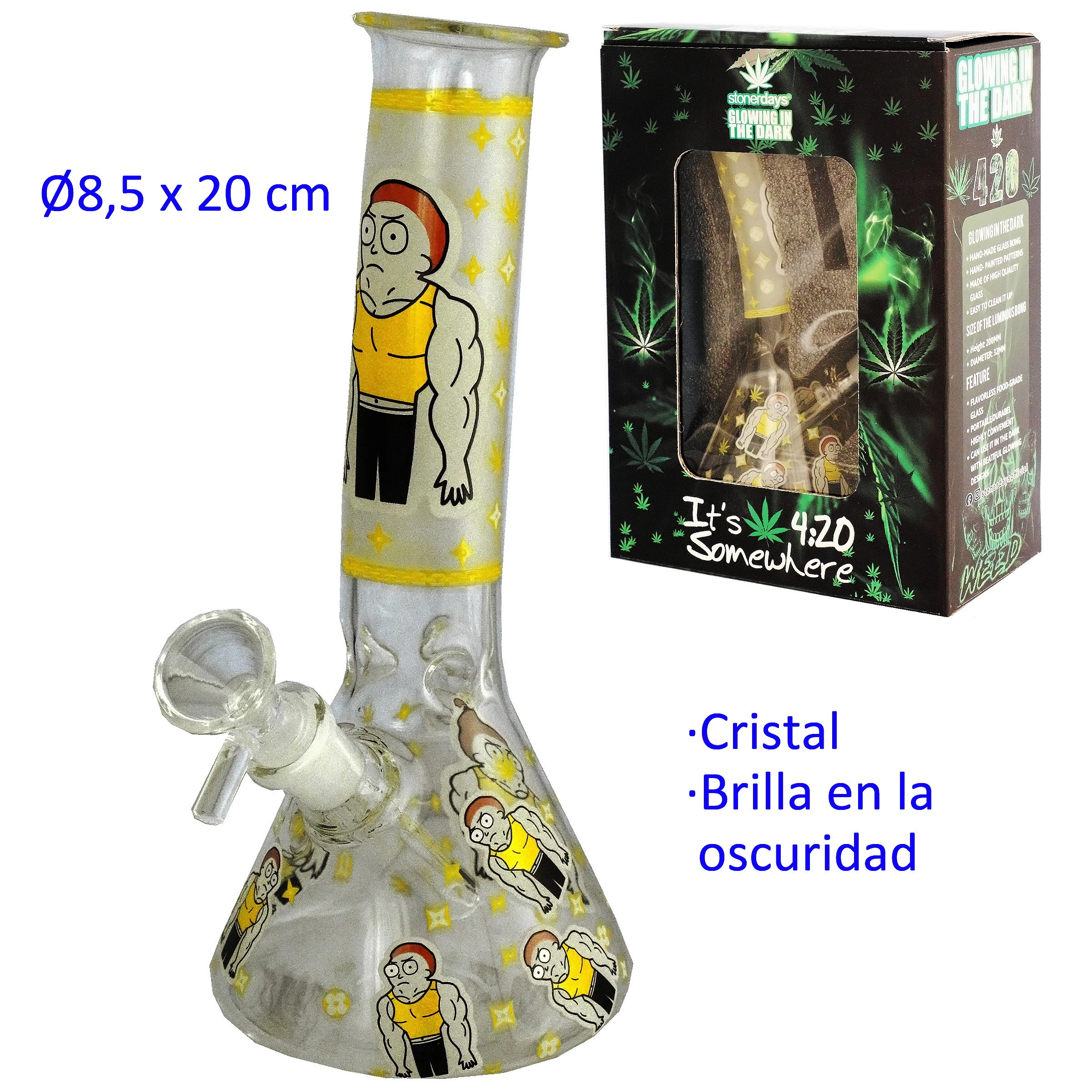Bong de cristal con base cónica, cazoleta lateral y dibujos de personajes con camiseta amarilla, junto a su caja negra con motivos verdes.