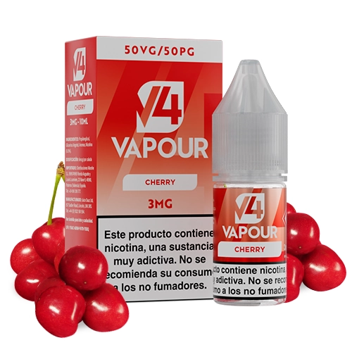 Bote de V4 Vapour Cherry con tapón blanco junto a su caja roja, con indicaciones 3MG y 50VG/50PG, rodeado de cerezas.