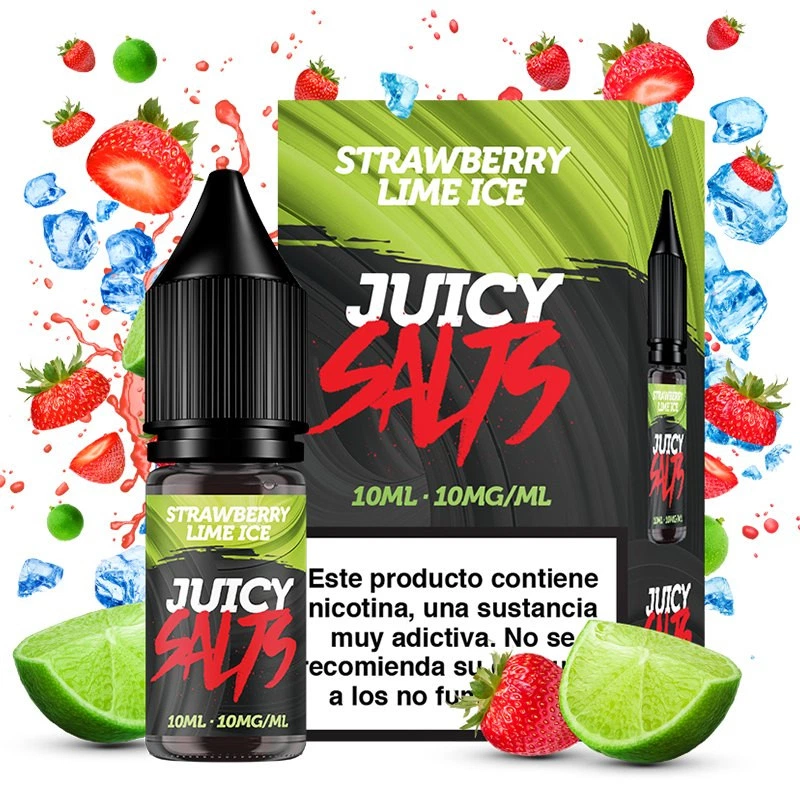 Frasco y caja de Strawberry Lime Ice de Juicy Salts, con texto de 10 ml y 10 mg/ml, rodeados de fresas, limas y cubitos de hielo.