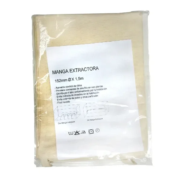Manga extractora B.A.C. Air-Sock plegada dentro de una bolsa transparente, con tejido claro y etiqueta blanca con instrucciones.