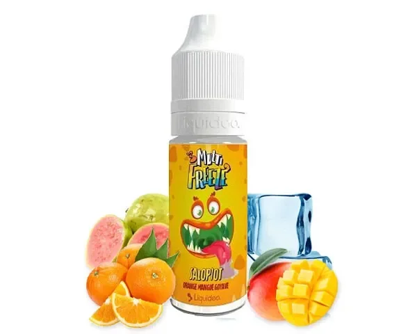 Frasco Salopiot Multi Freeze de Liquideo con tapón blanco y etiqueta naranja, junto a cítricos, guayaba, mango y un cubito de hielo.