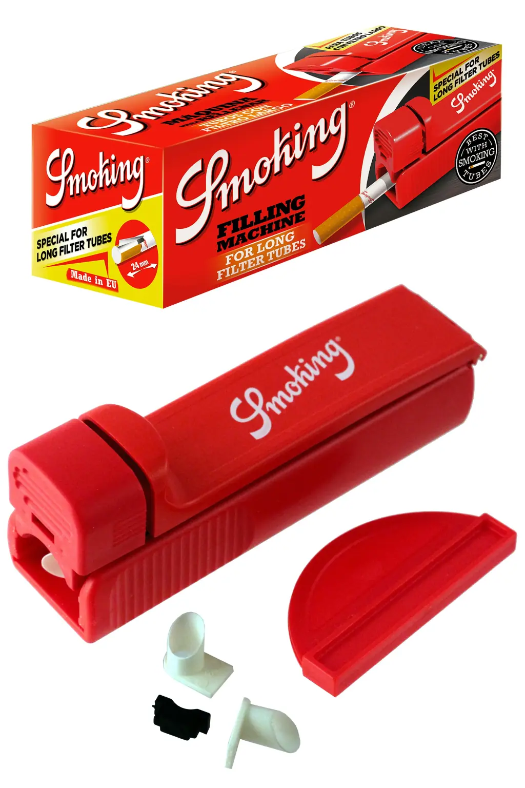 Máquina roja para llenar tubos Long Smoking con su caja, una pieza semicircular roja y pequeños accesorios blancos y negros.