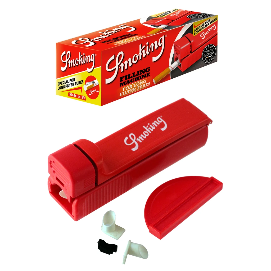 Máquina roja para llenar tubos Long Smoking con su caja, una pieza semicircular roja y pequeños accesorios blancos y negros.
