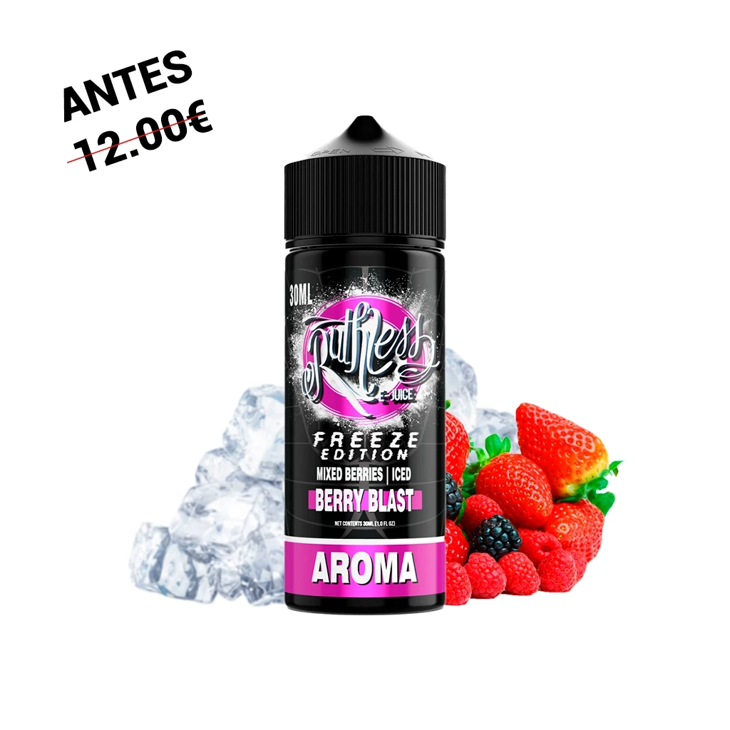 Frasco negro Ruthless Freeze Edition Berry Blast de 30 ml, con etiqueta rosa, rodeado de hielo, fresas, frambuesas y moras.