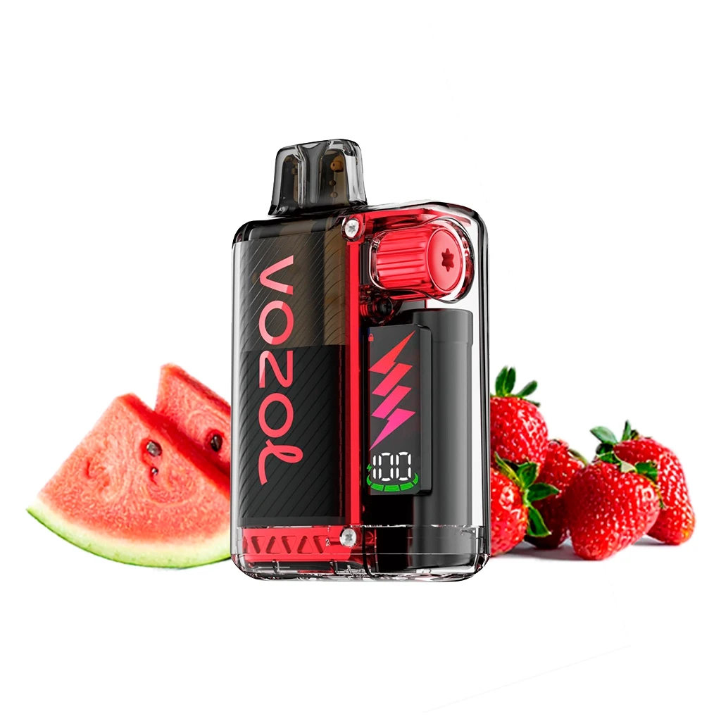 Vozol Vista Plug 2+10 Strawberry Watermelon con carcasa transparente, detalles rojos y pantalla, junto a fresas y sandía.