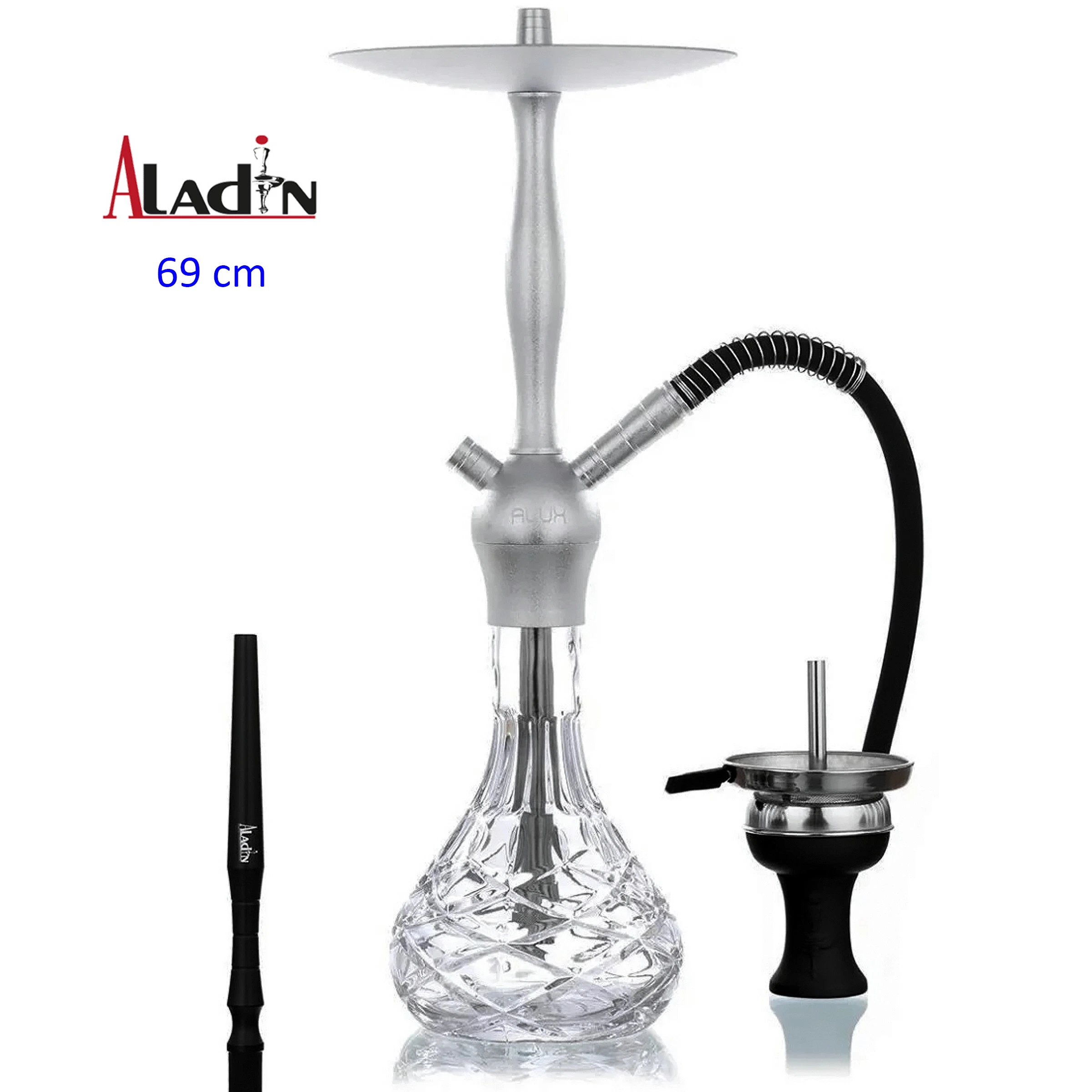 Shisha ALADIN ALUX Admiral plateada con base transparente tallada, manguera negra y boquilla, junto a una cazoleta con gestor de calor.