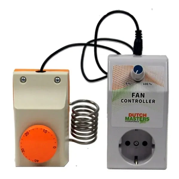 Controlador Dutch Masters con mando giratorio y toma de enchufe, conectado a un termostato con dial naranja y sonda metálica en espiral.