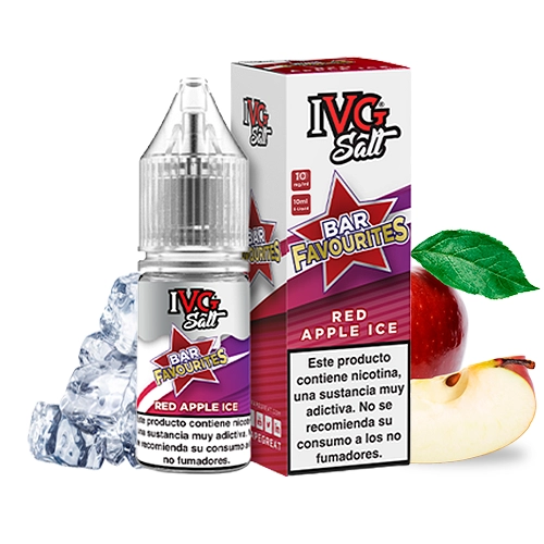 Frasco y caja de IVG Bar Favourites Red Apple Ice, con advertencia sobre nicotina, junto a manzana roja, un gajo y cubitos de hielo.