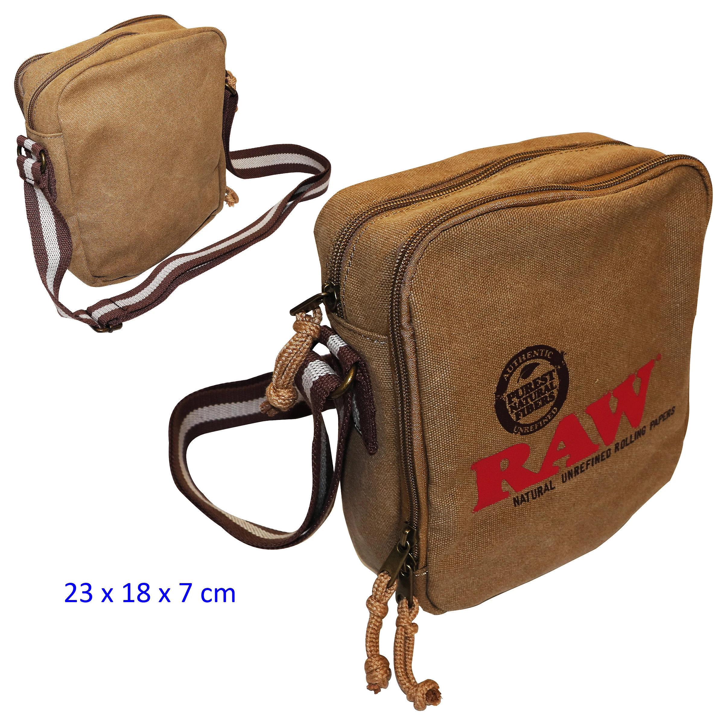 Bolso bandolera RAW marrón de 23 x 18 x 7 cm, con cremalleras, logotipo rojo y correa a rayas, mostrado por delante y por detrás.