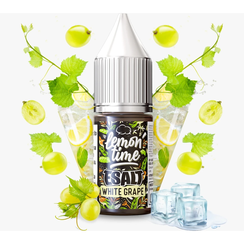 Frasco de Lemon Time White Grape E-salt con tapón plateado, rodeado de uvas verdes, hojas, rodajas de limón y cubitos de hielo.