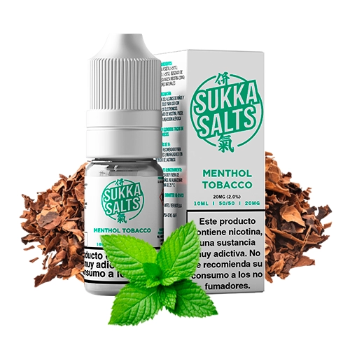 Frasco y caja de Sukka Salts Menthol Tobacco, con hojas de menta delante y tabaco detrás, sobre fondo blanco.