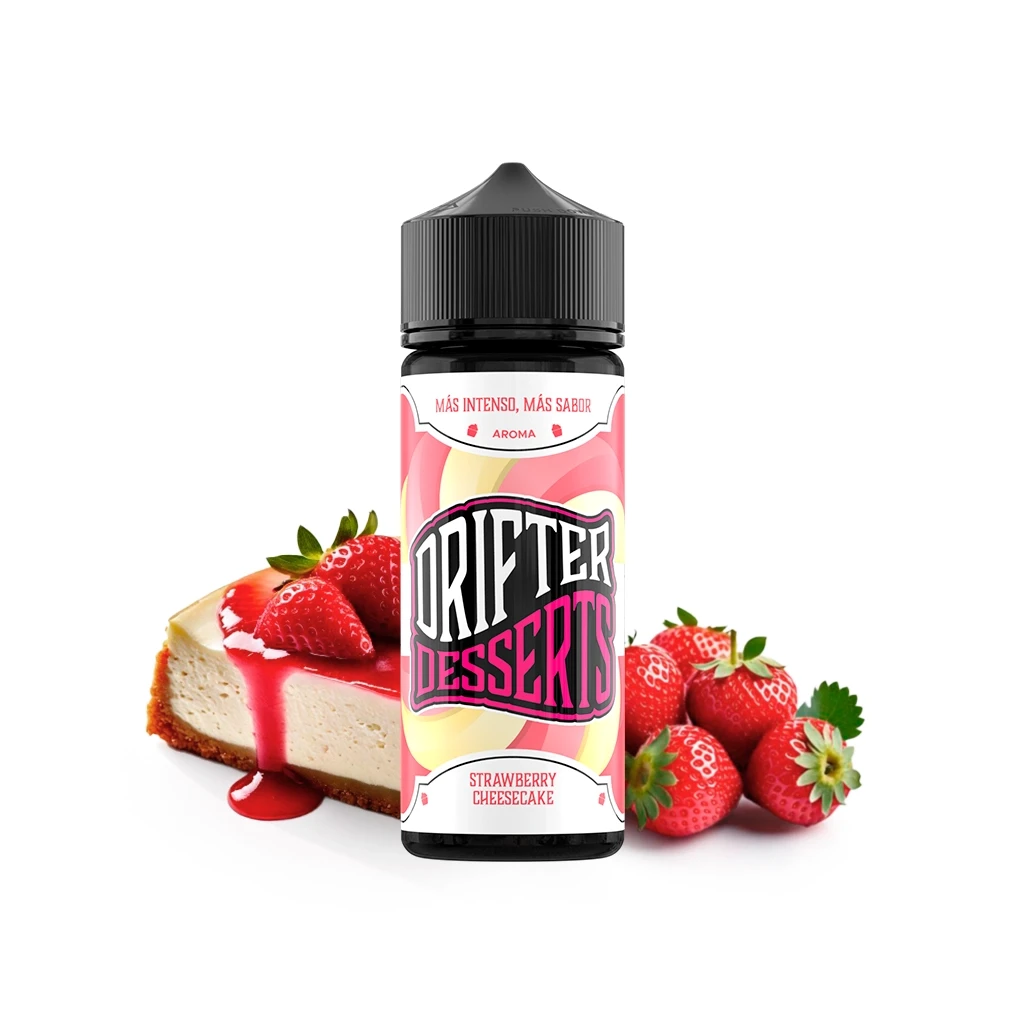 Botella de Drifter Desserts Strawberry Cheesecake con tapón negro y etiqueta rosa, junto a fresas y una porción de tarta de queso.