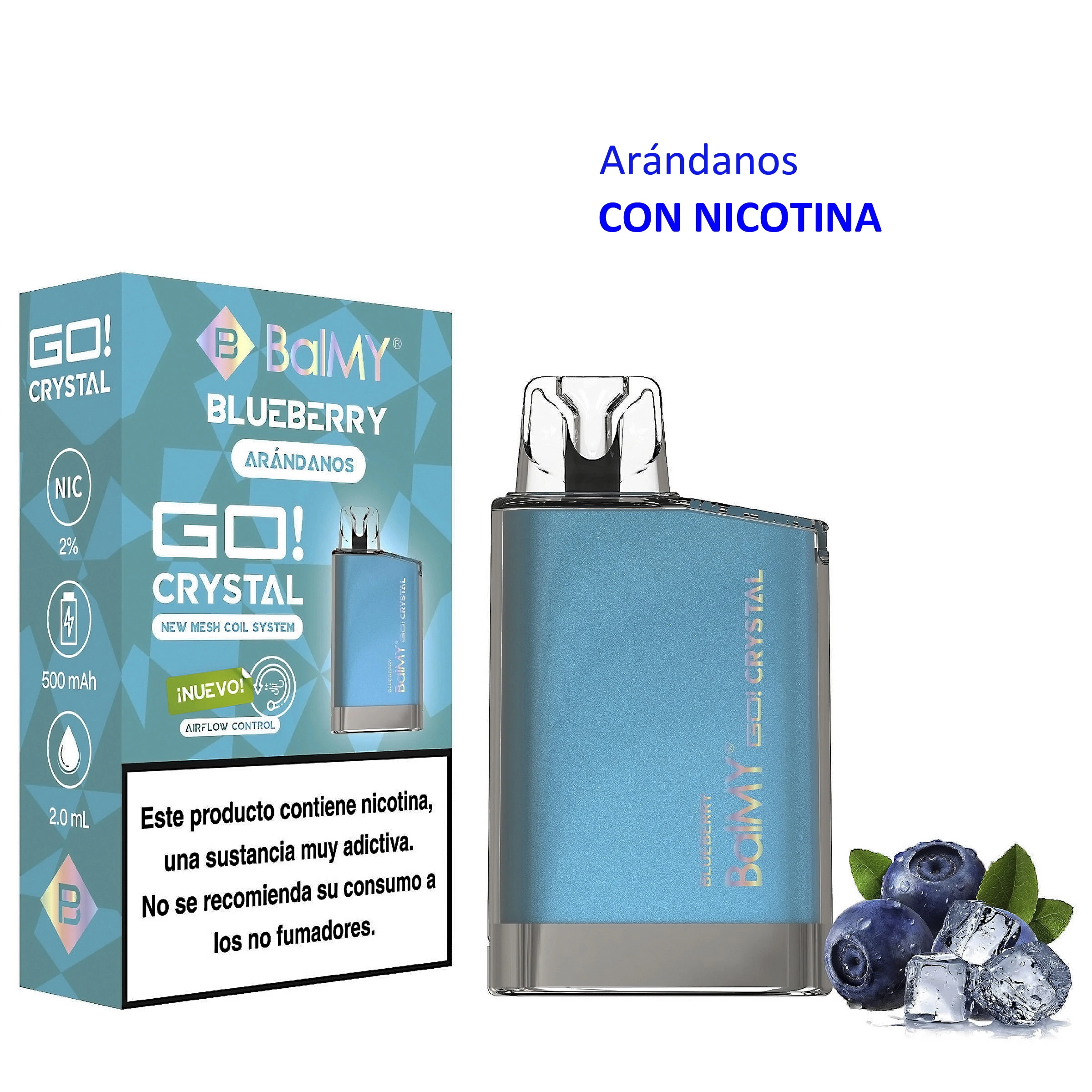 Vaper azul BALMY GO CRYSTAL Blueberry junto a su caja, con boquilla transparente, arándanos, cubitos de hielo y texto «CON NICOTINA».