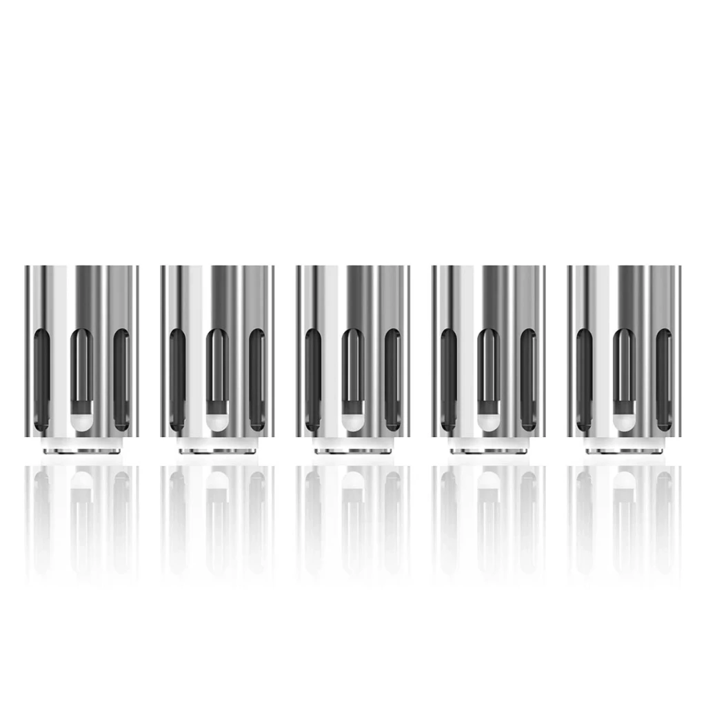 Resistencias Joyetech BFC alineadas sobre fondo blanco, con cuerpo plateado, aberturas verticales y reflejo inferior.