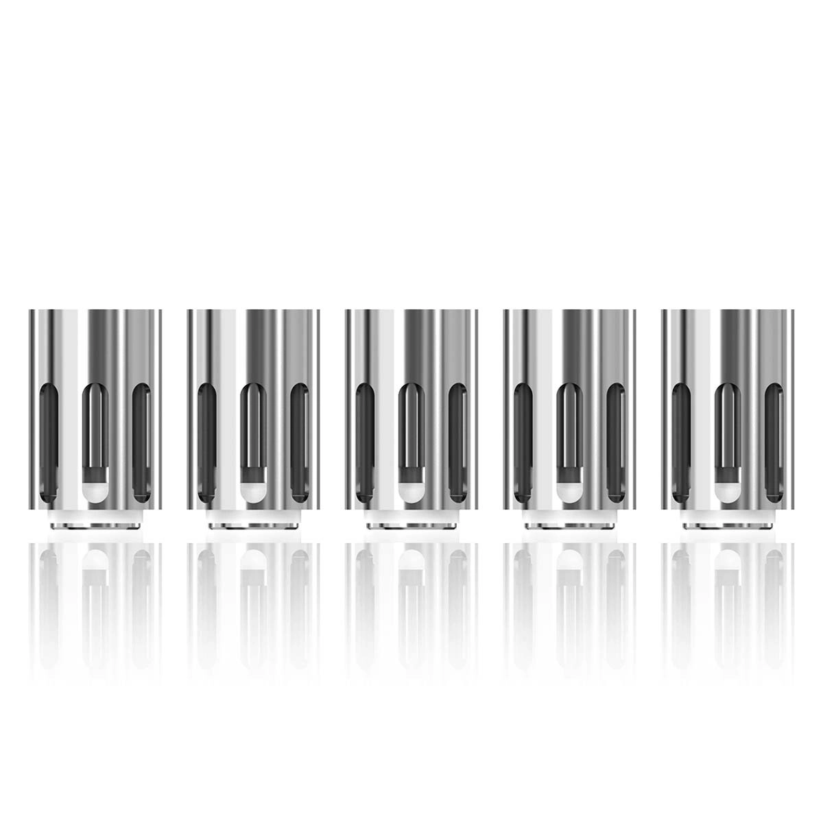 Cinco resistencias Joyetech BFC alineadas, de cuerpo plateado con aberturas alargadas y reflejo sobre fondo blanco.
