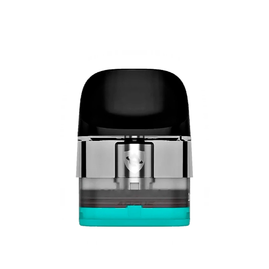 Pod de repuesto Voopoo Argus Snap visto de frente, con boquilla negra, depósito transparente y base turquesa.