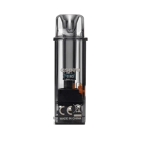 Pod Aspire Gotek transparente y alargado, con boquilla integrada, inscripción de 0,8 Ω y pequeño tapón lateral naranja.