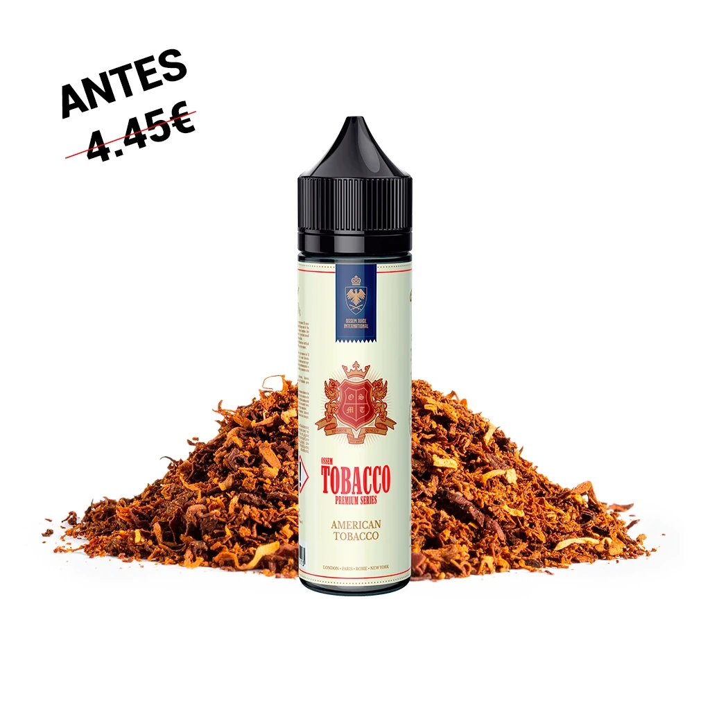Frasco Ossem American Tobacco Longfill con tapón negro y etiqueta clara, colocado delante de un montón de tabaco picado.