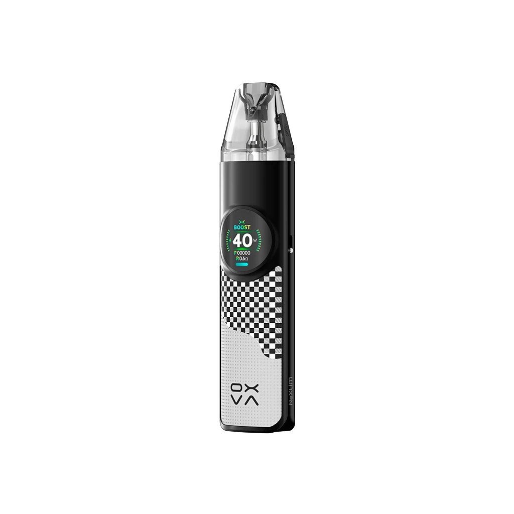 Oxva NeXLIM Pod Kit negro y plateado, con diseño de cuadros, pantalla circular encendida y cartucho transparente en la parte superior.