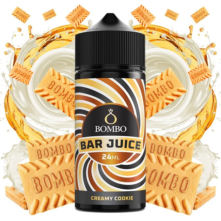 Frasco de aroma Creamy Cookie de Bombo Bar Juice, con tapón negro y etiqueta de espirales, rodeado de galletas y salpicaduras claras y doradas.