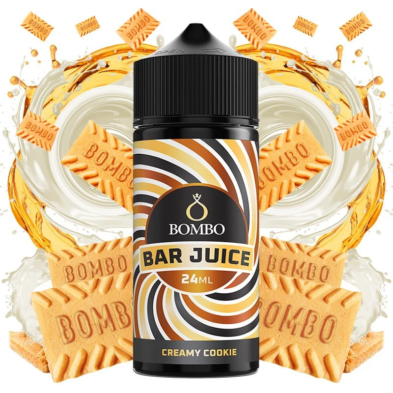 Frasco de aroma Creamy Cookie de Bombo Bar Juice, con tapón negro y etiqueta de espirales, rodeado de galletas y salpicaduras claras y doradas.