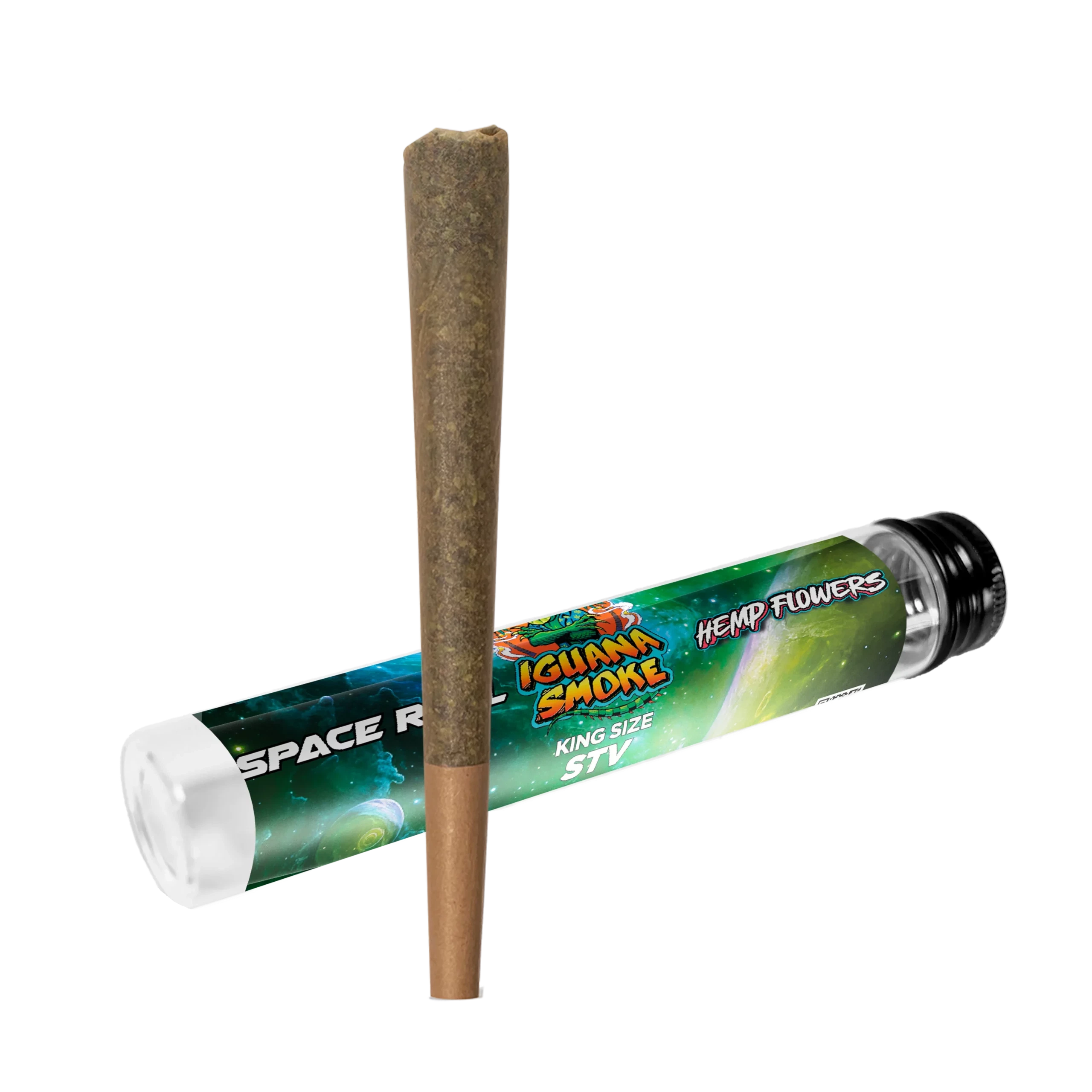 Pre Roll STV King Size de Iguana Smoke en posición vertical, con filtro marrón y tubo de etiqueta espacial colocado en diagonal sobre fondo negro.