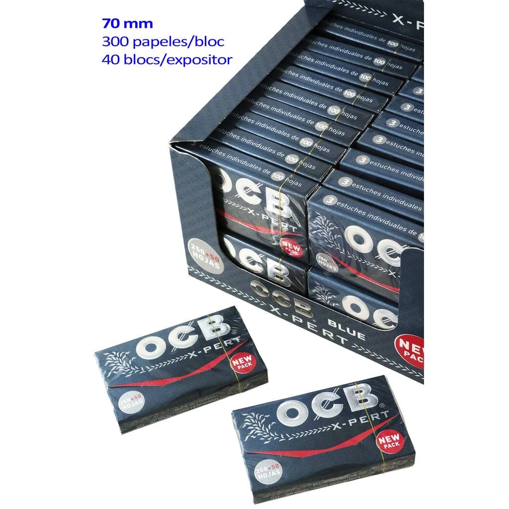 Expositor de papel OCB Blue X-Pert con varios bloques oscuros y dos en primer plano; texto de 70 mm y 300 papeles por bloque.