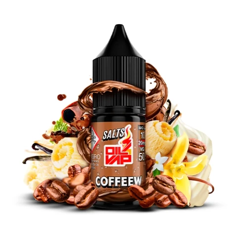 Frasco de Oil4Vap Salts Coffew con tapón negro, rodeado de una composición ilustrada de granos de café, helado y vainilla.