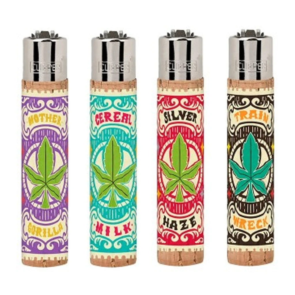 Selección de mecheros Clipper con fundas Weed Cards en morado, turquesa, rojo y negro, decoradas con hojas y letras de estilo ornamental.