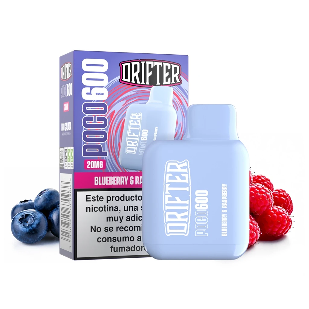 Vaper Drifter Poco 600 Blueberry Raspberry azul claro junto a su caja, marcada 20MG, con arándanos y frambuesas a los lados.