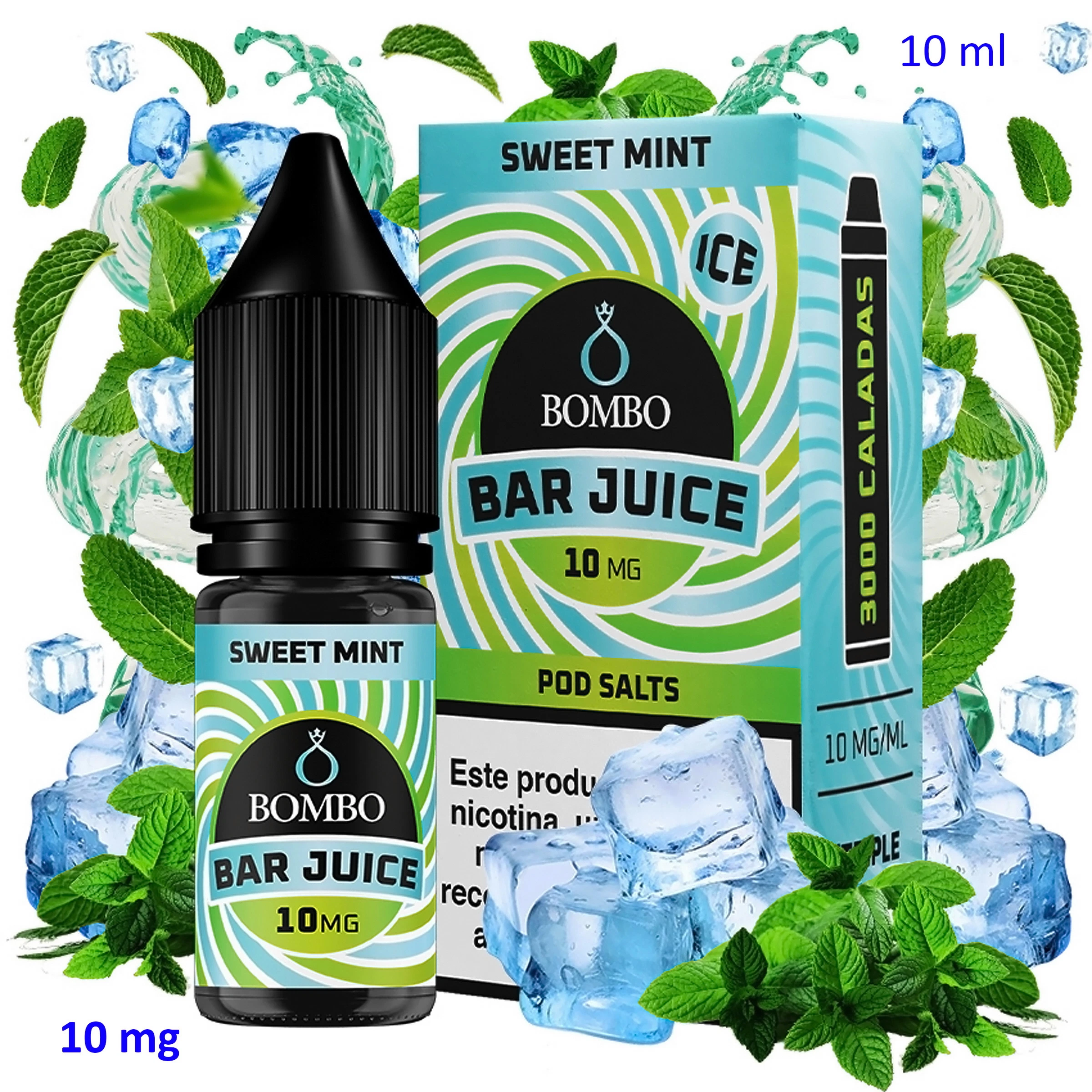 Frasco y caja de Sweet Mint Ice Bar Juice de Bombo, con etiqueta de 10 mg, rodeados de hojas de menta y cubitos de hielo.