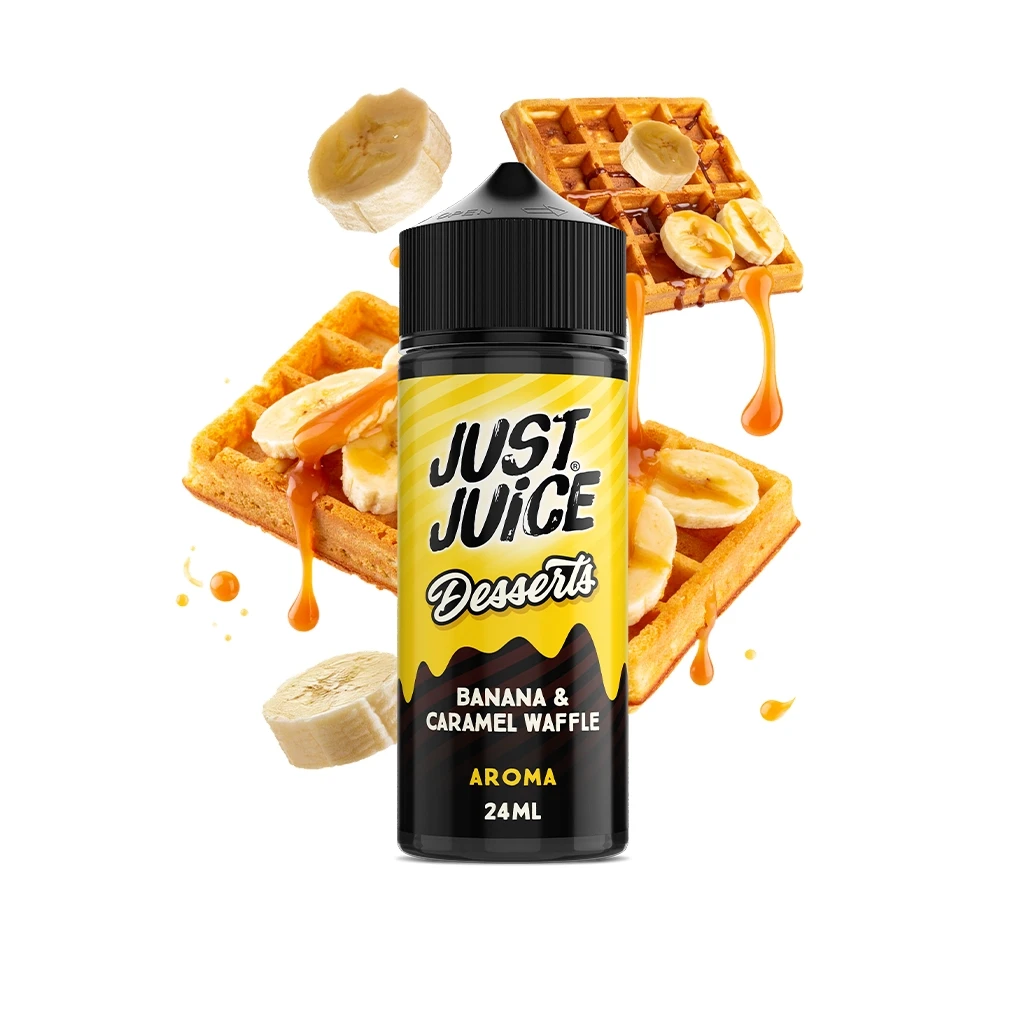 Bote de Just Juice Desserts Banana & Caramel Waffle con etiqueta amarilla, rodeado de gofres, rodajas de plátano y caramelo.