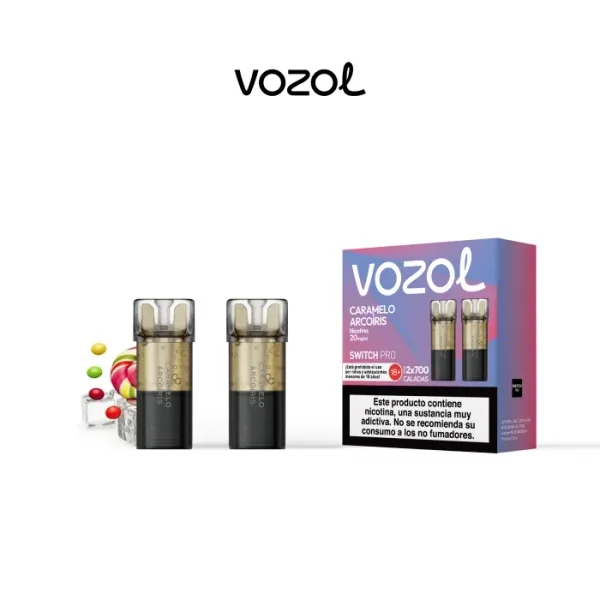 Pods Vozol Switch Pro Caramelo Arcoíris junto a su caja violeta y rosa, con caramelos decorativos y advertencia sobre nicotina.