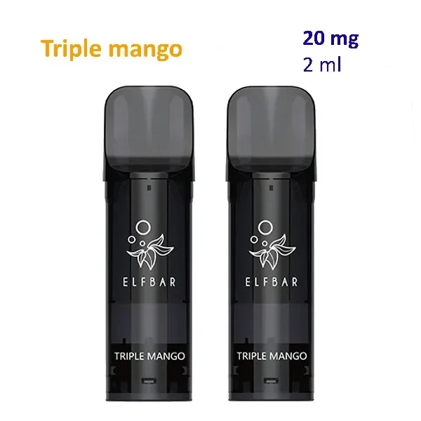 Dos pods Elfbar Triple Mango negros con boquillas oscuras translúcidas, junto a los textos «20 mg» y «2 ml».