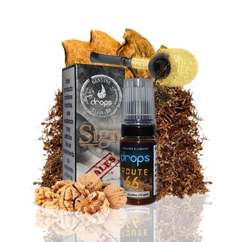 Frasco de Drops Route 66 con su caja, rodeado de tabaco, nueces y una pipa sobre fondo blanco.