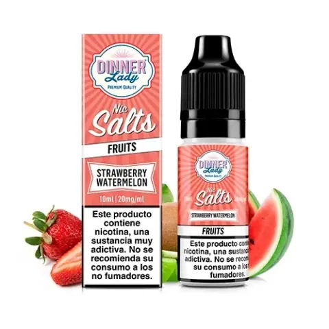 Frasco y caja rosa de Dinner Lady Strawberry Watermelon Nic Salt, con fresas, sandía y advertencias sobre nicotina.