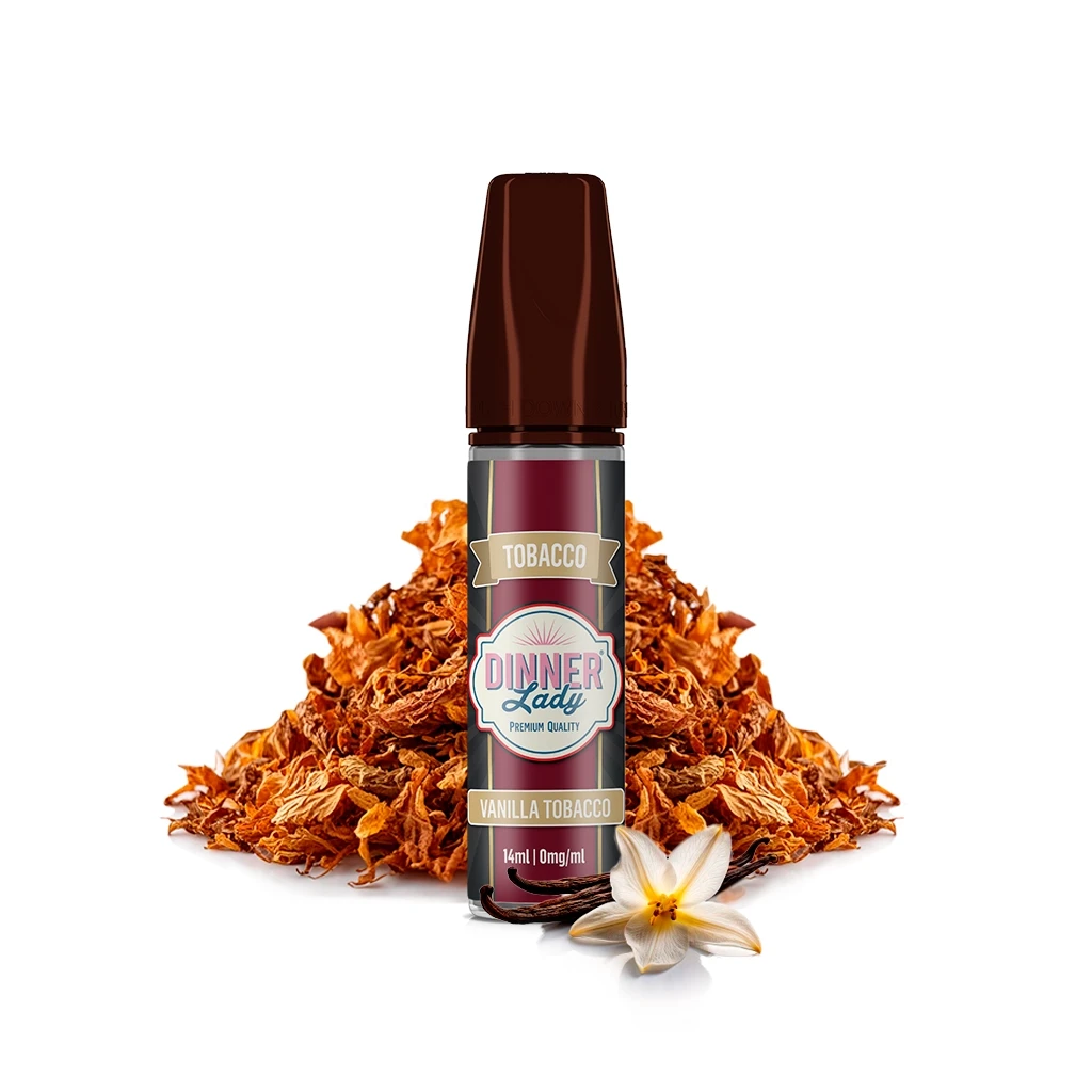 Frasco de Dinner Lady Vanilla Tobacco Longfill de 14 ml, con tapón marrón, ante tabaco y una flor de vainilla sobre fondo blanco.