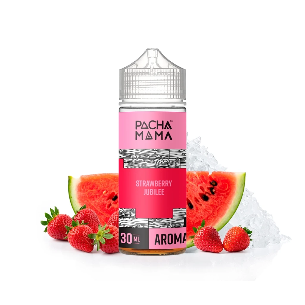 Frasco Pachamama Ice Strawberry Jubilee de 30 ml, con etiqueta rosa y tapón transparente, rodeado de fresas, sandía y hielo.