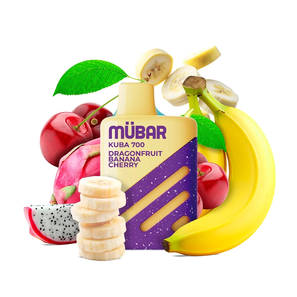Vaper Mübar Kuba 700 Dragonfruit Banana Cherry amarillo y morado, rodeado de plátanos, cerezas y fruta del dragón cortada.