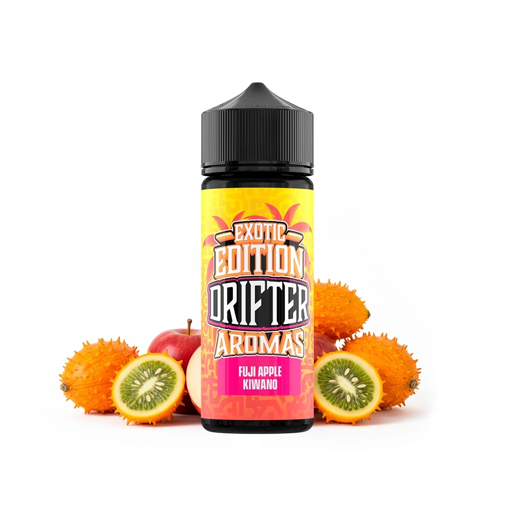 Bote de Drifter Exotic Fuji Apple Kiwano con tapón negro y etiqueta amarilla y rosa, rodeado de manzanas y kiwanos enteros y cortados.