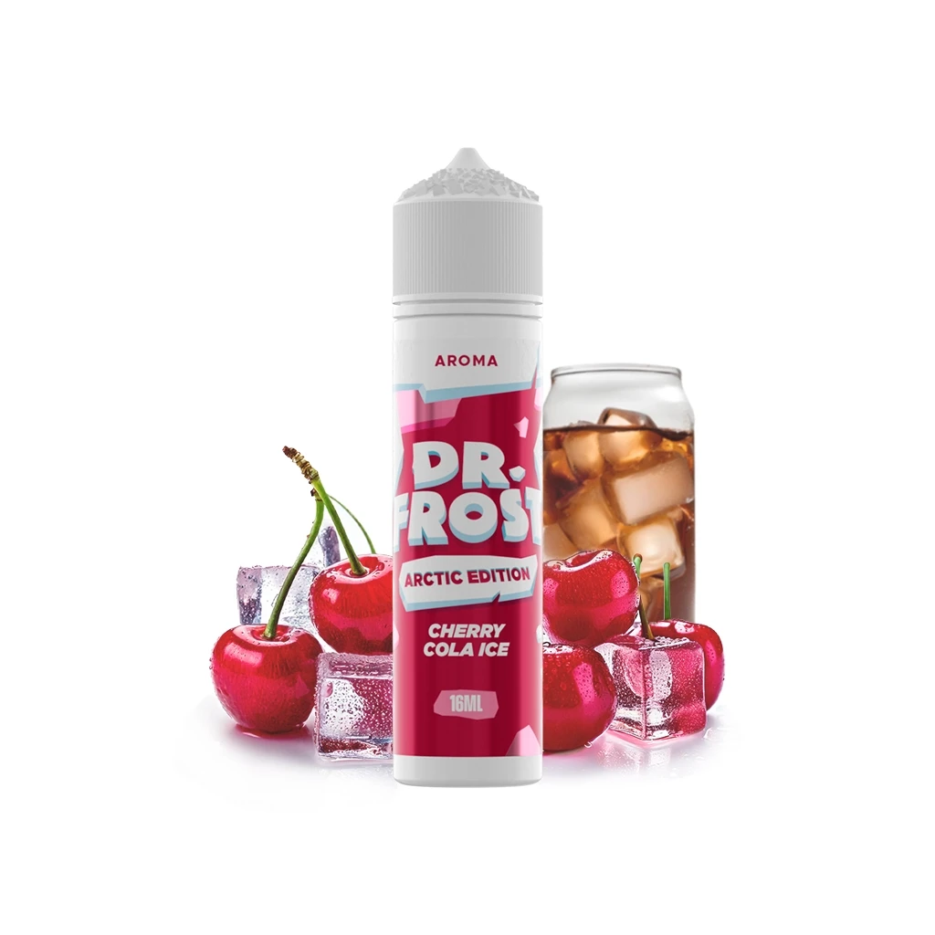 Bote de Dr Frost Cherry Cola Ice de 16 ml con etiqueta rosa y tapón blanco, acompañado de cerezas, cubitos y un vaso de refresco.